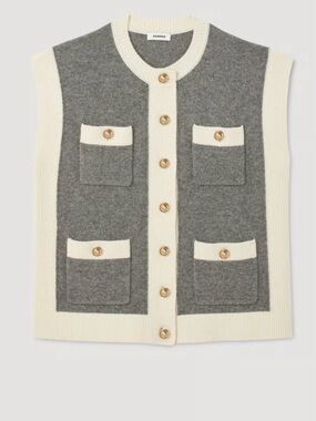 Sandro Sleeveless Colorblock Knit Cardigan Vest in Gray & Cream